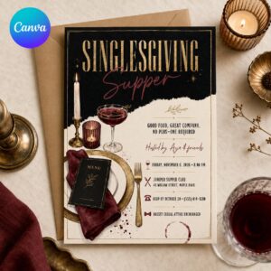 Singlesgiving Dinner Invitation, Friendsgiving Supper for Singles, Black Gold Adult Party Canva Template