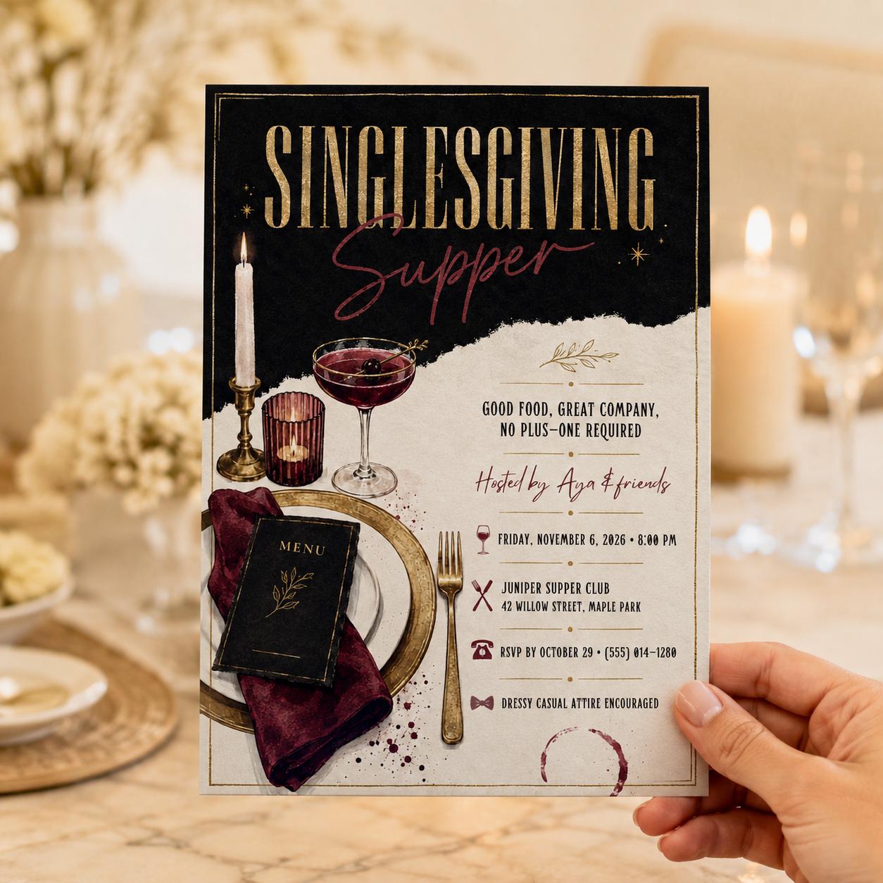 Singlesgiving Dinner Invitation, Friendsgiving Supper for Singles, Black Gold Adult Party Canva Template - Image 5