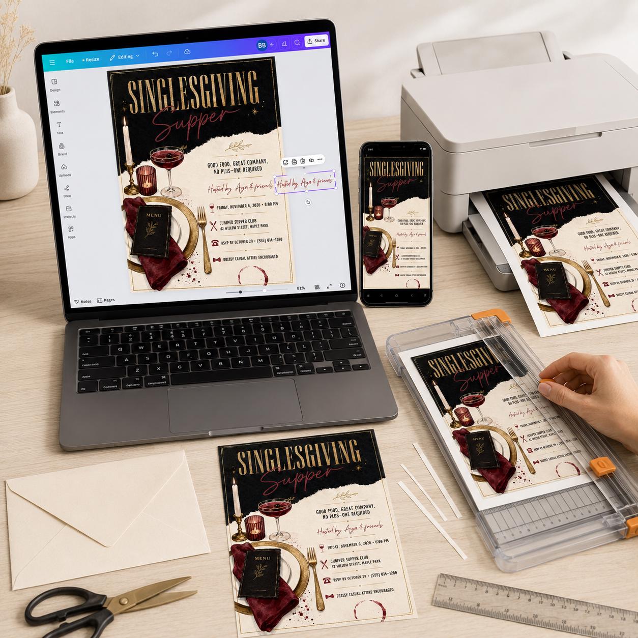 Singlesgiving Dinner Invitation, Friendsgiving Supper for Singles, Black Gold Adult Party Canva Template - Image 3