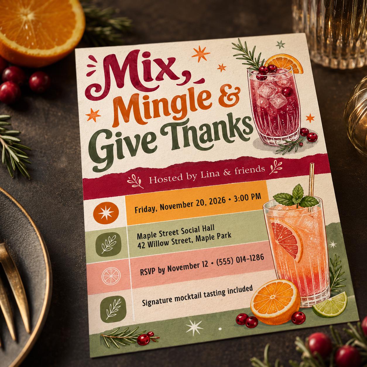 Friendsgiving Cocktail Party Invitation, Thanksgiving Mocktail Tasting, Retro Mix and Mingle Canva Template - Image 3