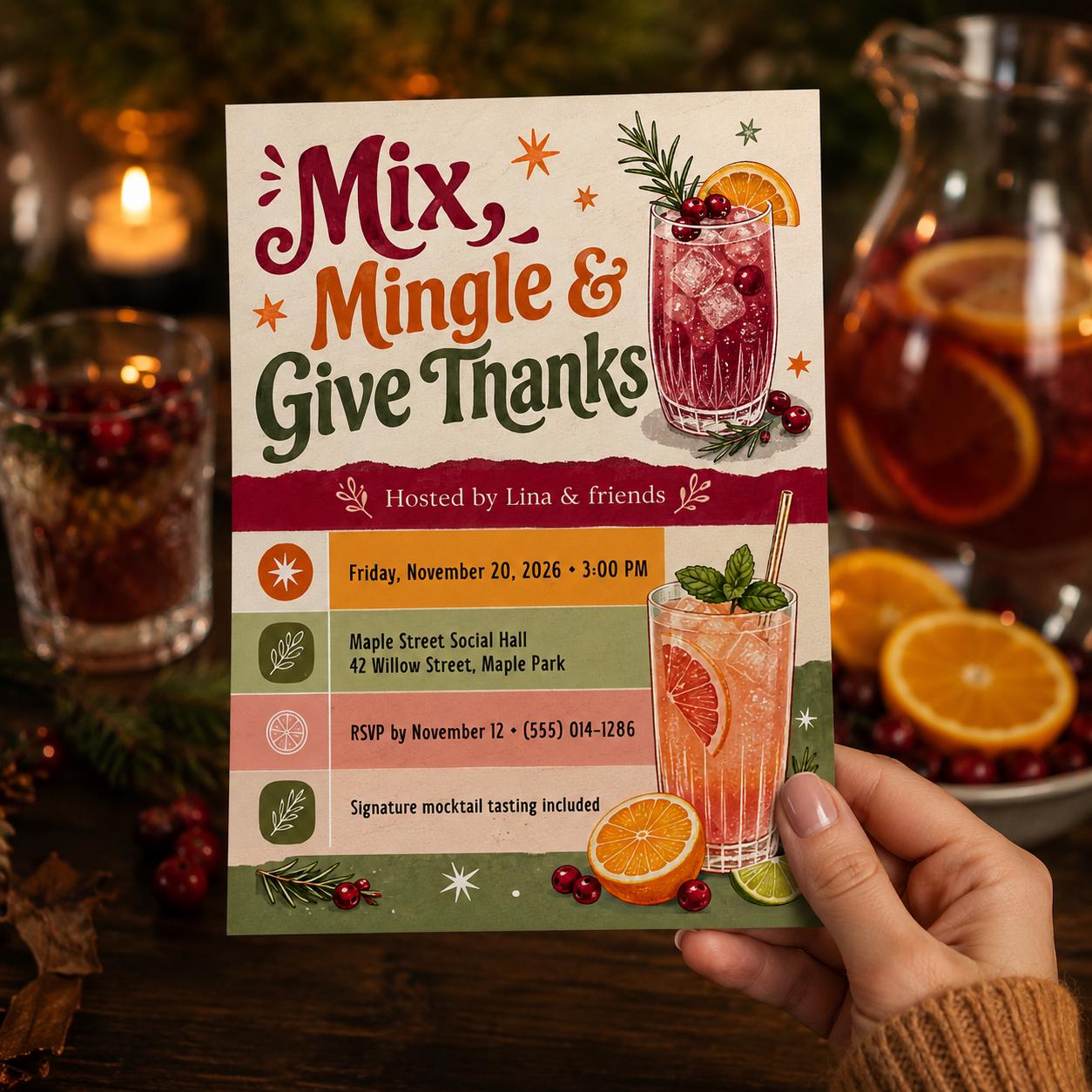 Friendsgiving Cocktail Party Invitation, Thanksgiving Mocktail Tasting, Retro Mix and Mingle Canva Template - Image 6