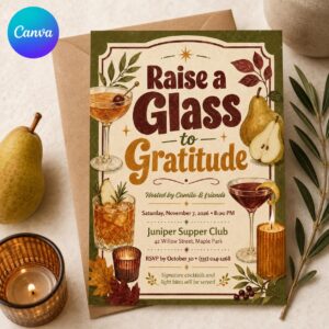 Thanksgiving Cocktail Party Invitation, Raise a Glass to Gratitude, Retro Fall Drinks Editable Canva Template