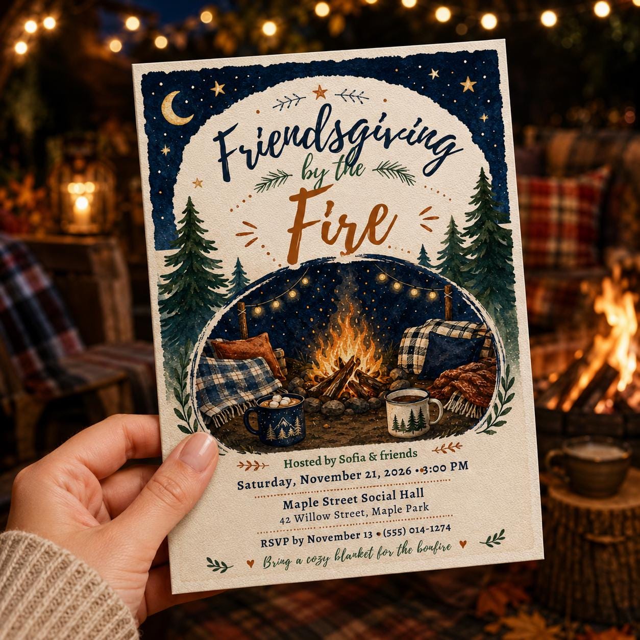 Friendsgiving Invitation, Bonfire Dinner Party by the Fire, Cozy Fall Gathering Editable Canva Template - Image 4