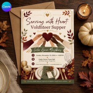 Volunteer Appreciation Dinner Invitation, Serving With Heart Fall Supper, Editable Printable Canva Template