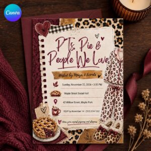 Friendsgiving Pajama Party Invitation, PJs and Pie Girls Night Thanksgiving Invite, Editable Canva Template