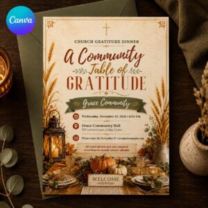 Church Thanksgiving Dinner Invitation, Community Gratitude Fall Harvest Event Invite, Editable Canva Template