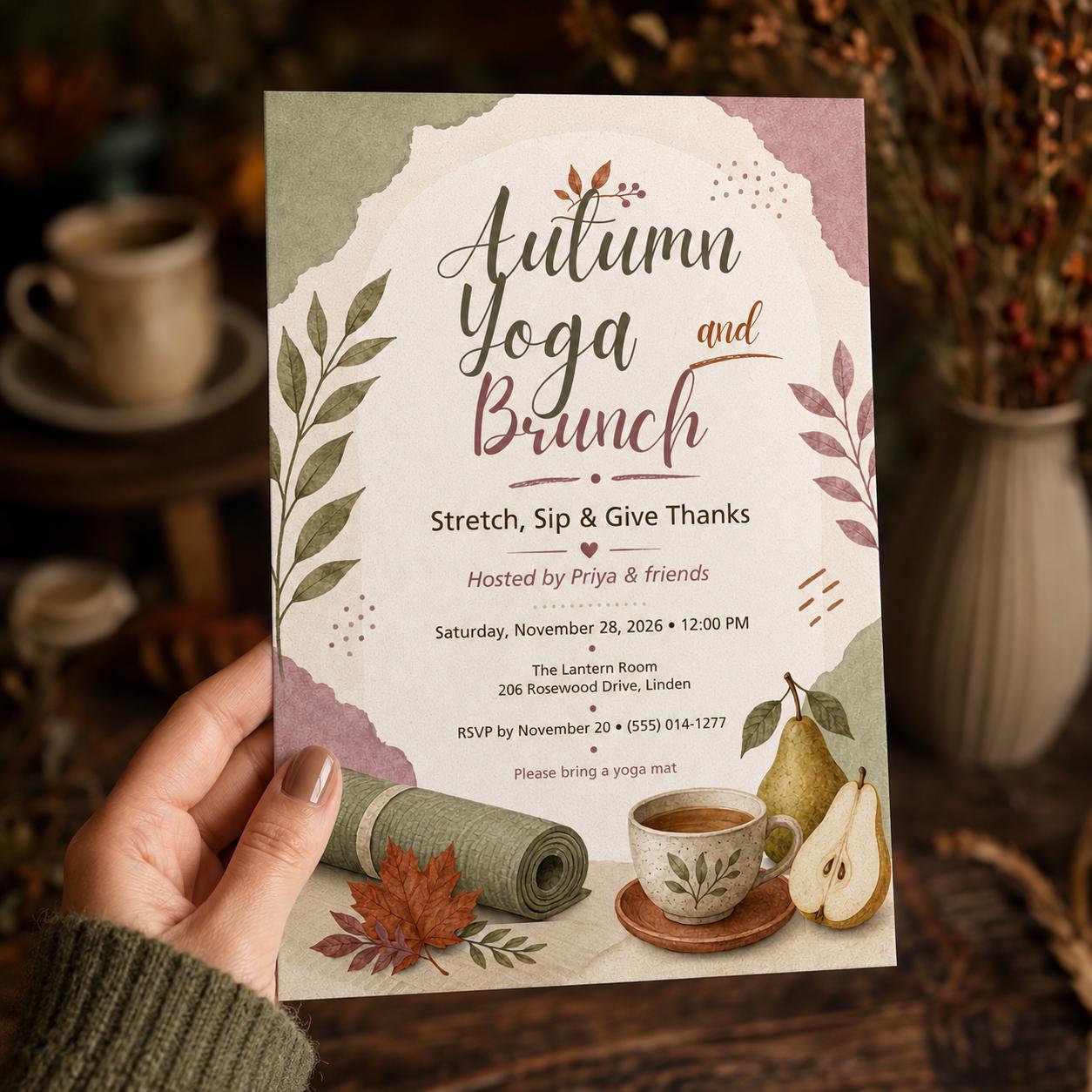 Autumn Yoga Brunch Invitation, Fall Wellness Friendsgiving Gathering Invite, Editable Canva Template - Image 6