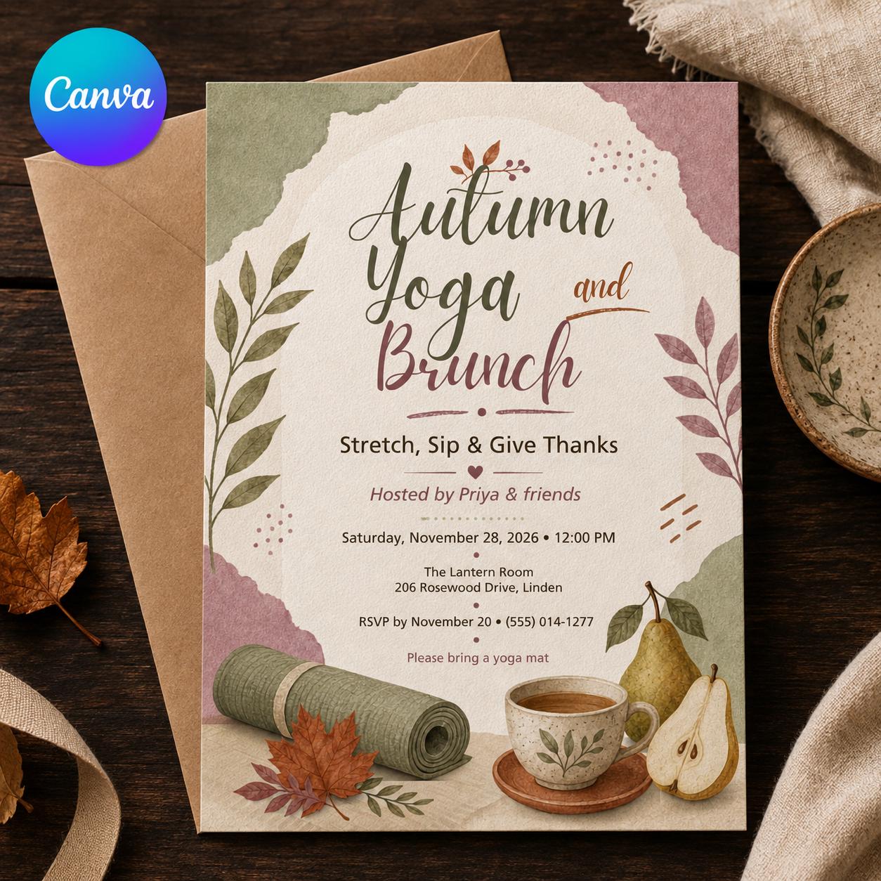 Autumn Yoga Brunch Invitation, Fall Wellness Friendsgiving Gathering Invite, Editable Canva Template