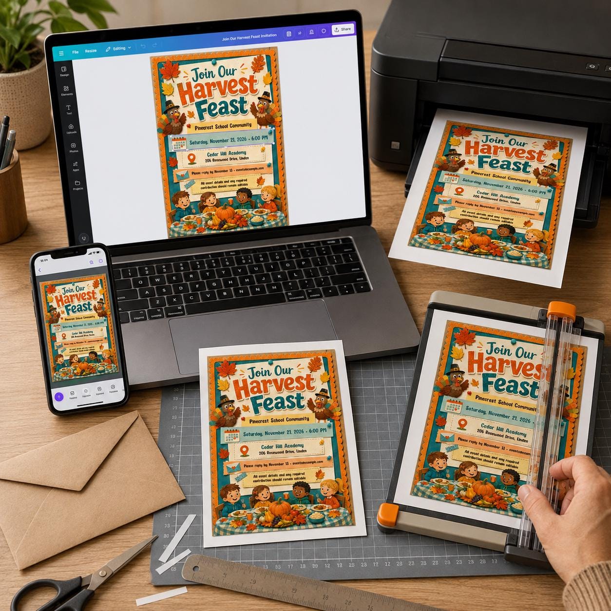 School Thanksgiving Feast Invitation, Harvest Lunch Flyer for Families, Editable Fall Community Event Canva Template - Image 4