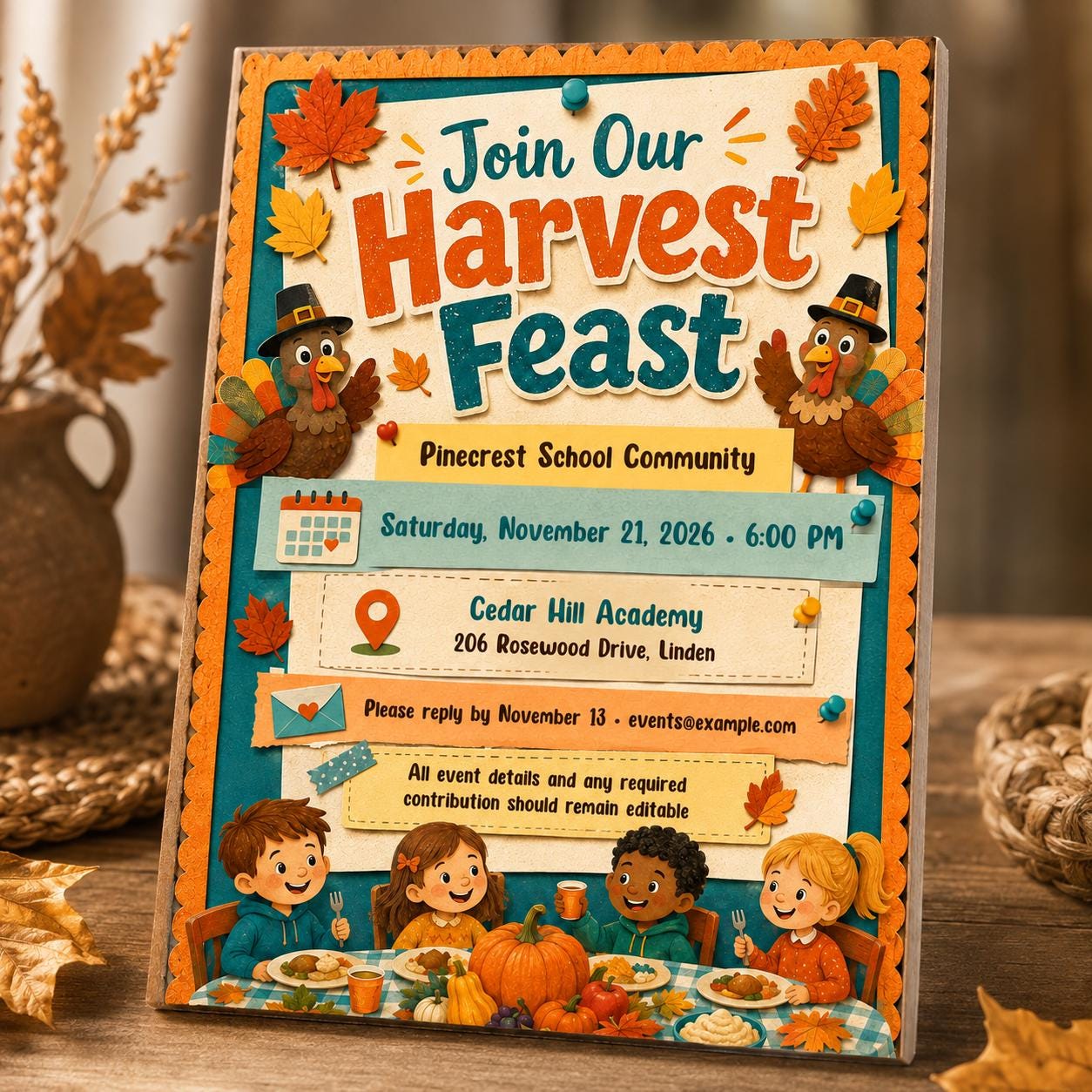School Thanksgiving Feast Invitation, Harvest Lunch Flyer for Families, Editable Fall Community Event Canva Template - Image 3