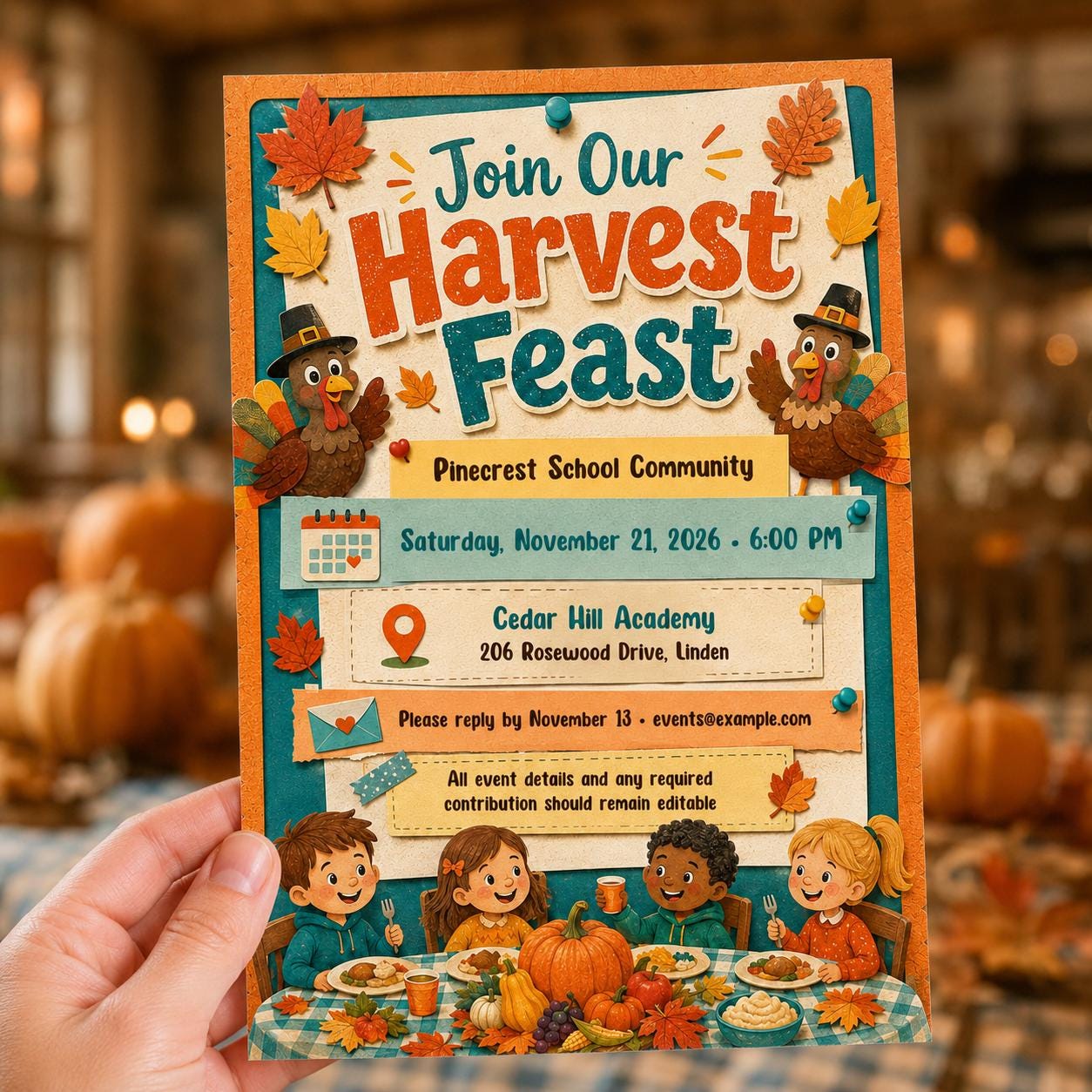 School Thanksgiving Feast Invitation, Harvest Lunch Flyer for Families, Editable Fall Community Event Canva Template