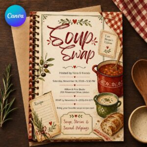 Soup Swap Invitation, Cozy Fall Potluck Supper Invite, Friendsgiving Recipe Exchange Party, Editable Canva Template