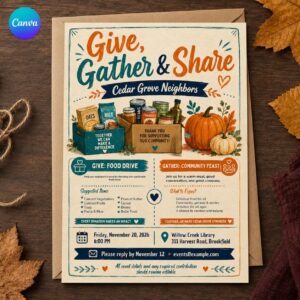 Thanksgiving Food Drive Flyer, Community Feast Invitation, Neighborhood Donation Event Poster, Editable Canva Template