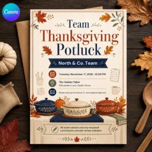 Thanksgiving Potluck Invitation, Editable Office Team Lunch Flyer, Autumn Work Party Invite, Printable Canva Template