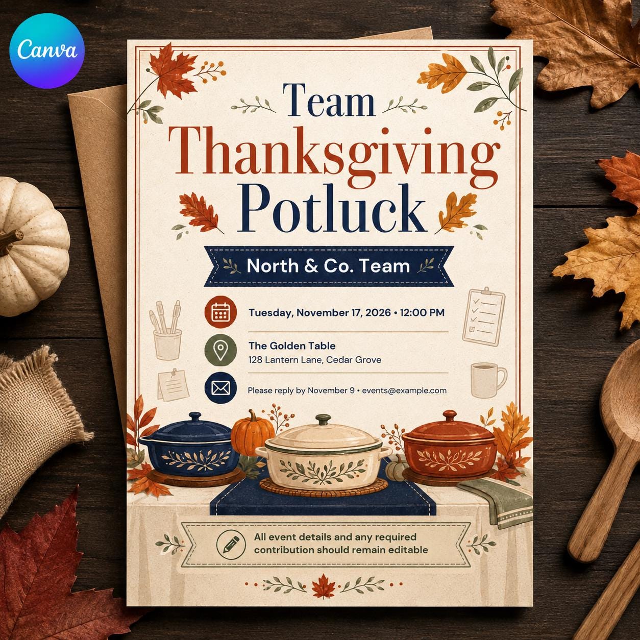 Thanksgiving Potluck Invitation, Editable Office Team Lunch Flyer, Autumn Work Party Invite, Printable Canva Template