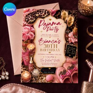 30th Birthday Pajama Party Invitation, Pink Leopard Sleepover Invite, Girls Night Glam Editable Digital Evite, Printable Canva Template