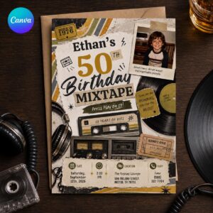 50th Birthday Mixtape Invitation, Vintage 1976 Cassette Tape Party Invite with Photo, Retro Music Editable Digital Evite, Canva Template