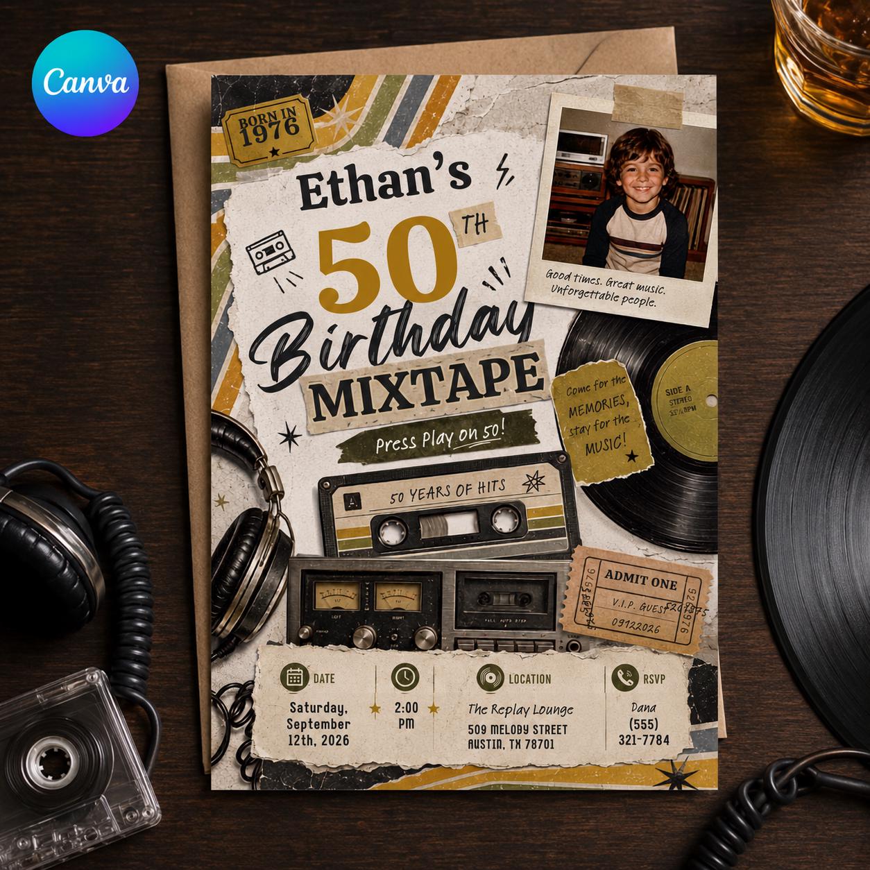 50th Birthday Mixtape Invitation, Vintage 1976 Cassette Tape Party Invite with Photo, Retro Music Editable Digital Evite, Canva Template