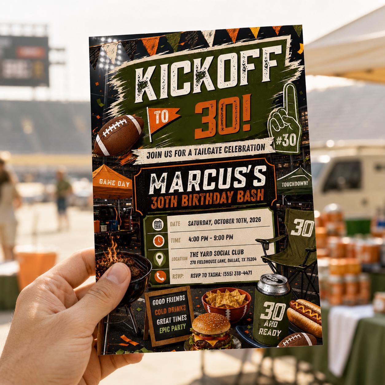 30th Birthday Football Invitation, Tailgate Party Invite, Game Day Kickoff Editable Digital Evite for Him, Printable Canva Template - Image 3