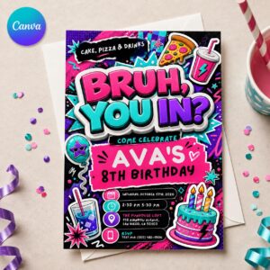 Bruh Birthday Invitation, Neon Graffiti 8th Birthday Party Invite for Tween Girls or Boys, Editable Digital Canva Template