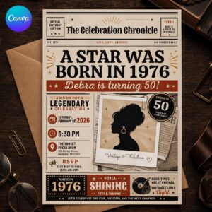 50th Birthday Newspaper Invitation, Born in 1976 Vintage Photo Party Invite for Her, Editable Printable Canva Template