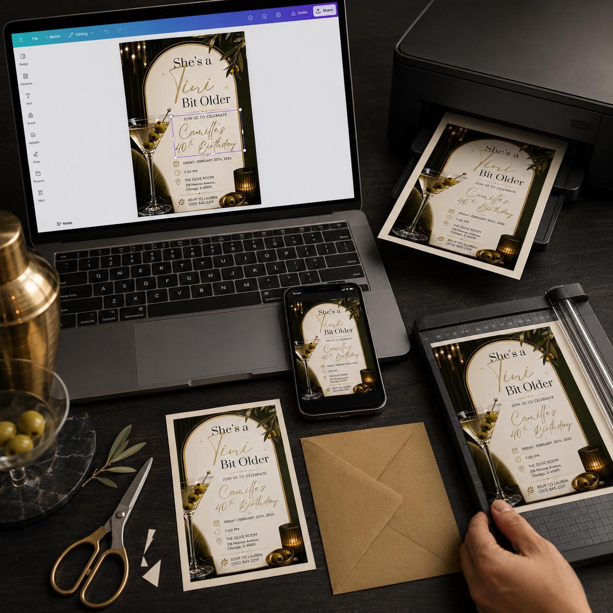 40th Birthday Martini Invitation, A Tini Bit Older Cocktail Party Invite for Her, Elegant Olive Gold Editable Canva Template - Image 3