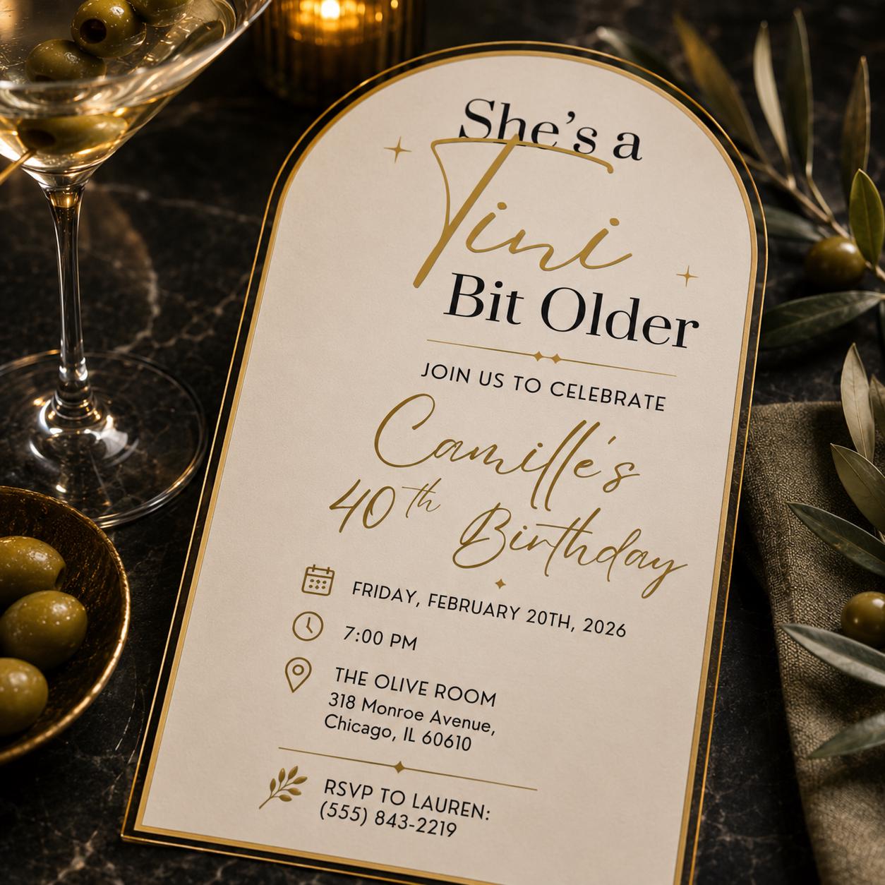 40th Birthday Martini Invitation, A Tini Bit Older Cocktail Party Invite for Her, Elegant Olive Gold Editable Canva Template - Image 5