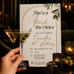 40th Birthday Martini Invitation, A Tini Bit Older Cocktail Party Invite for Her, Elegant Olive Gold Editable Canva Template