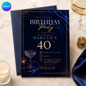 40th Birthday Invitation, Navy Blue and Gold Cocktail Party Invite, Elegant Adult Milestone Digital Canva Template