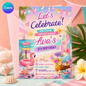 8th Birthday Beach Invitation, Tropical Summer Surf Party Invite for Girls, Pink Pastel Editable Printable Canva Template