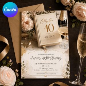 Chapter 40 Birthday Invitation, Elegant Book Theme Party Invite for Women, New Era Editable Printable Canva Template