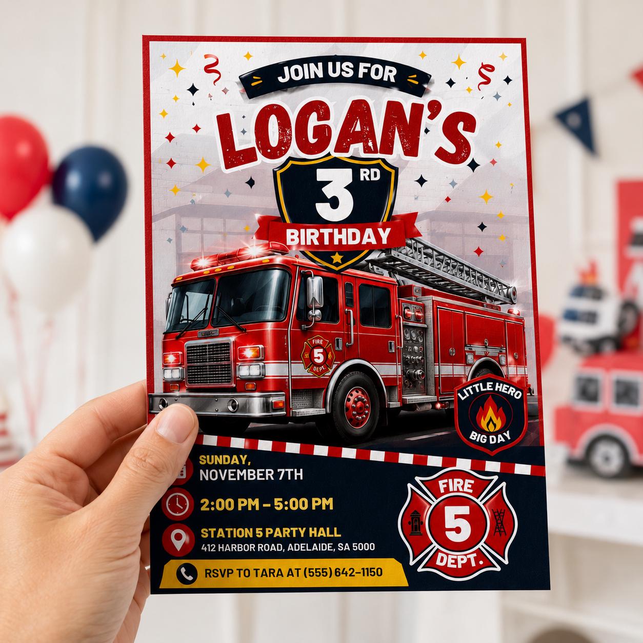 Fire Truck 3rd Birthday Invitation, Firefighter Party Invite for Boys, Editable Printable Canva Template - Image 3