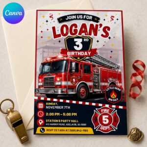 Fire Truck 3rd Birthday Invitation, Firefighter Party Invite for Boys, Editable Printable Canva Template