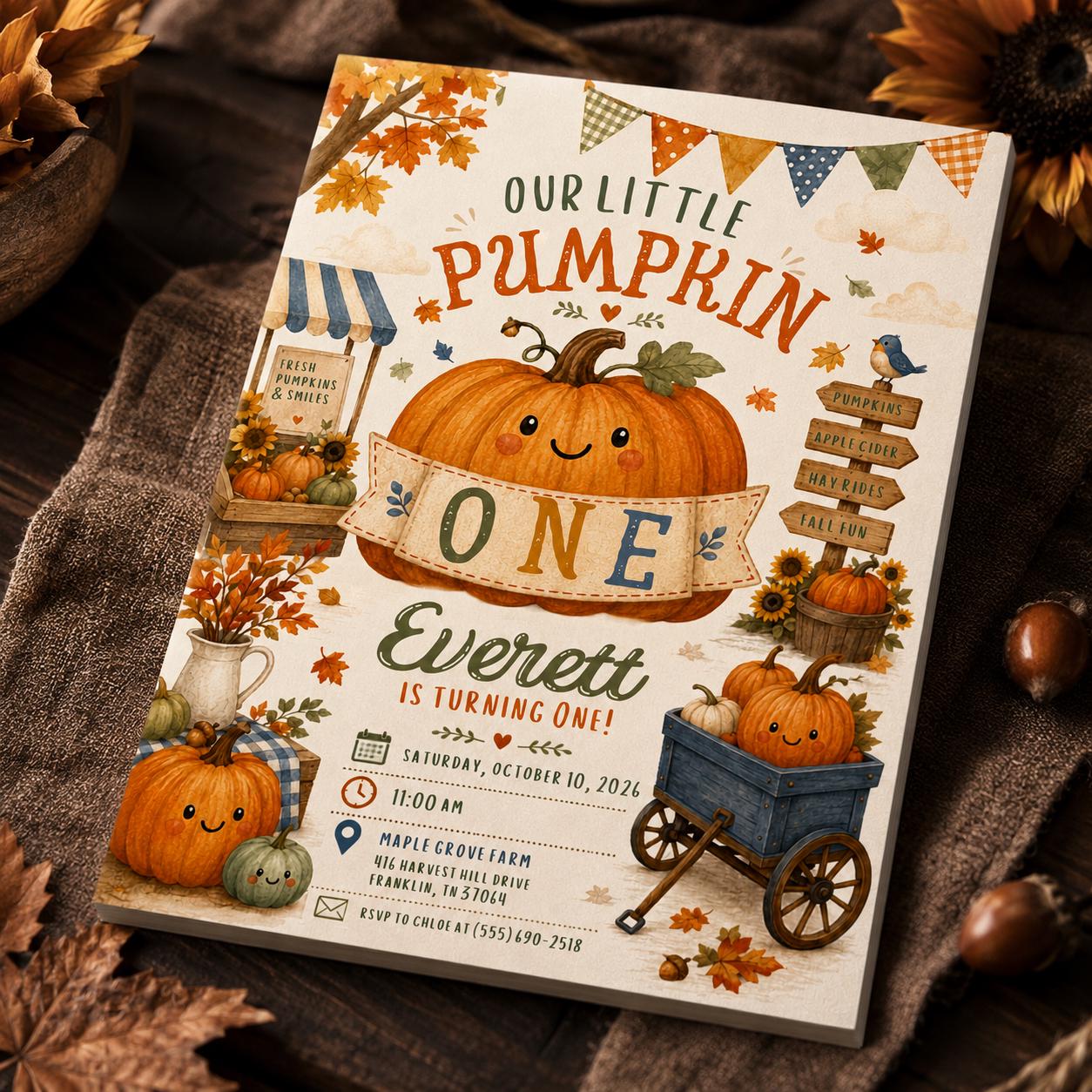 One Little Pumpkin First Birthday Invitation, Fall Pumpkin Party Invite for Boy or Girl, Editable Printable Canva Template - Image 3