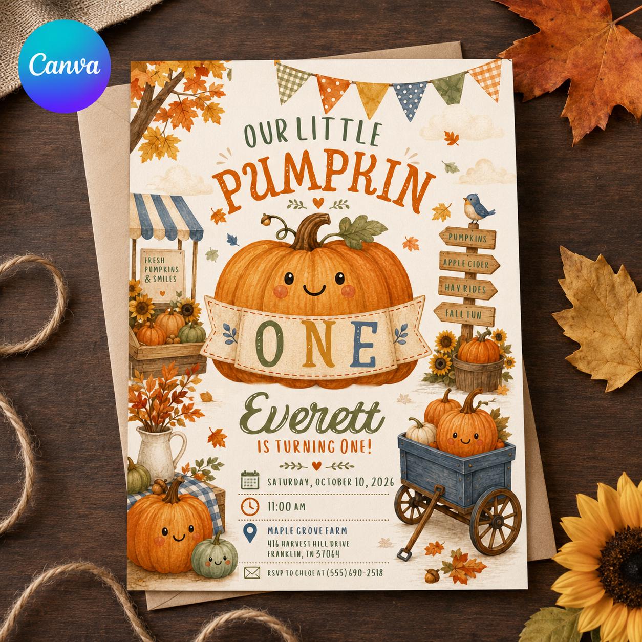 One Little Pumpkin First Birthday Invitation, Fall Pumpkin Party Invite for Boy or Girl, Editable Printable Canva Template