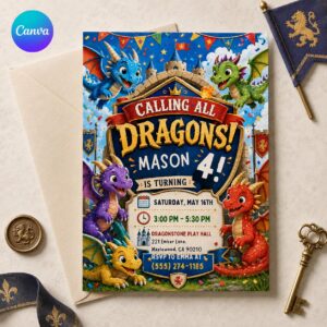 Dragon 4th Birthday Invitation, Calling All Dragons Castle Party Invite for Boys, Editable Printable Canva Template