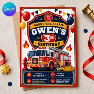 Fire Truck 3rd Birthday Invitation, Sound the Alarm Firefighter Party Invite for Boys, Editable Printable Canva Template