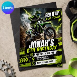 Motocross 8th Birthday Invitation, Neon Green Dirt Bike Racing Party Invite for Boys, Editable Digital Canva Template