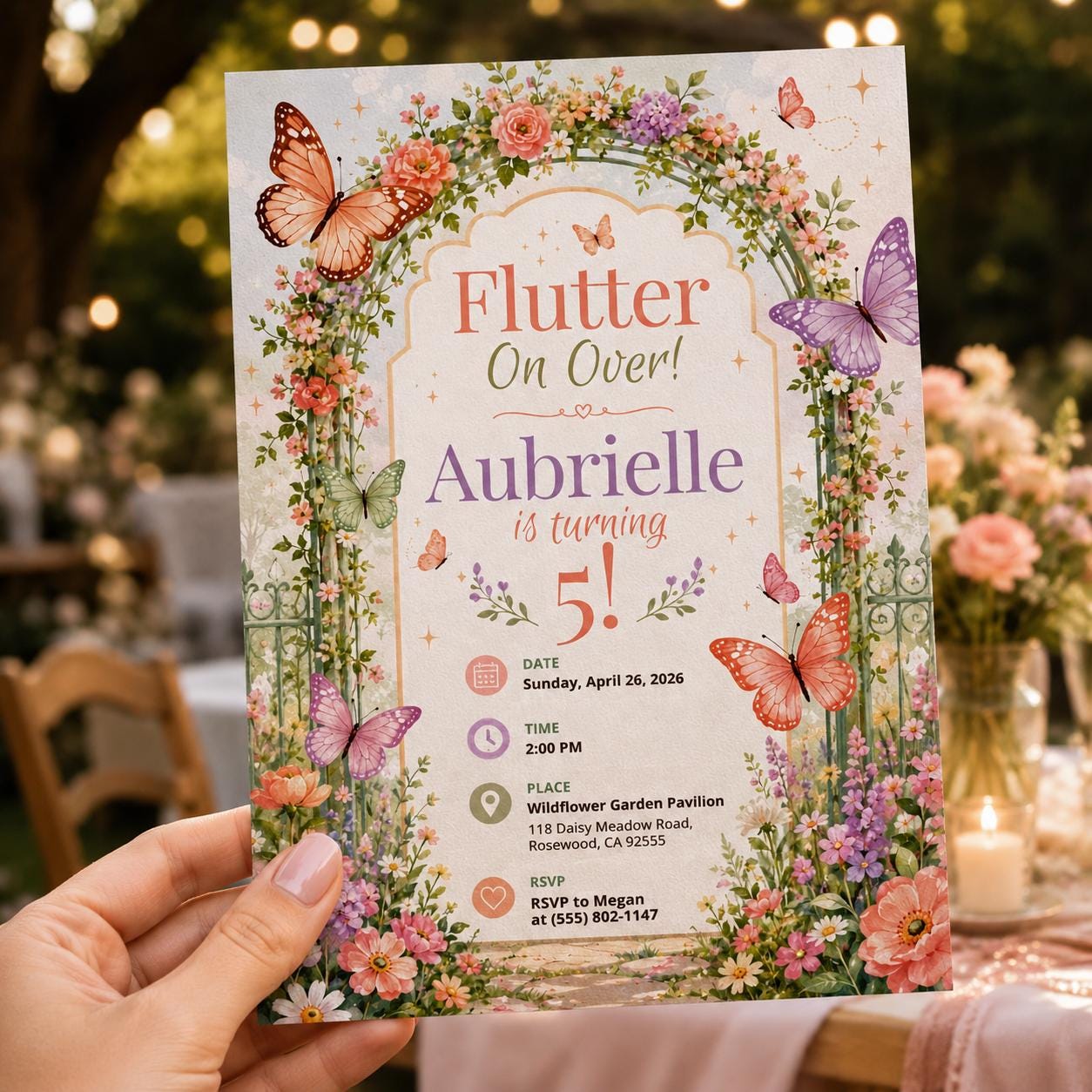 Butterfly 5th Birthday Invitation, Flutter On Over Floral Garden Party Invite for Girls, Editable Printable Canva Template - Image 3