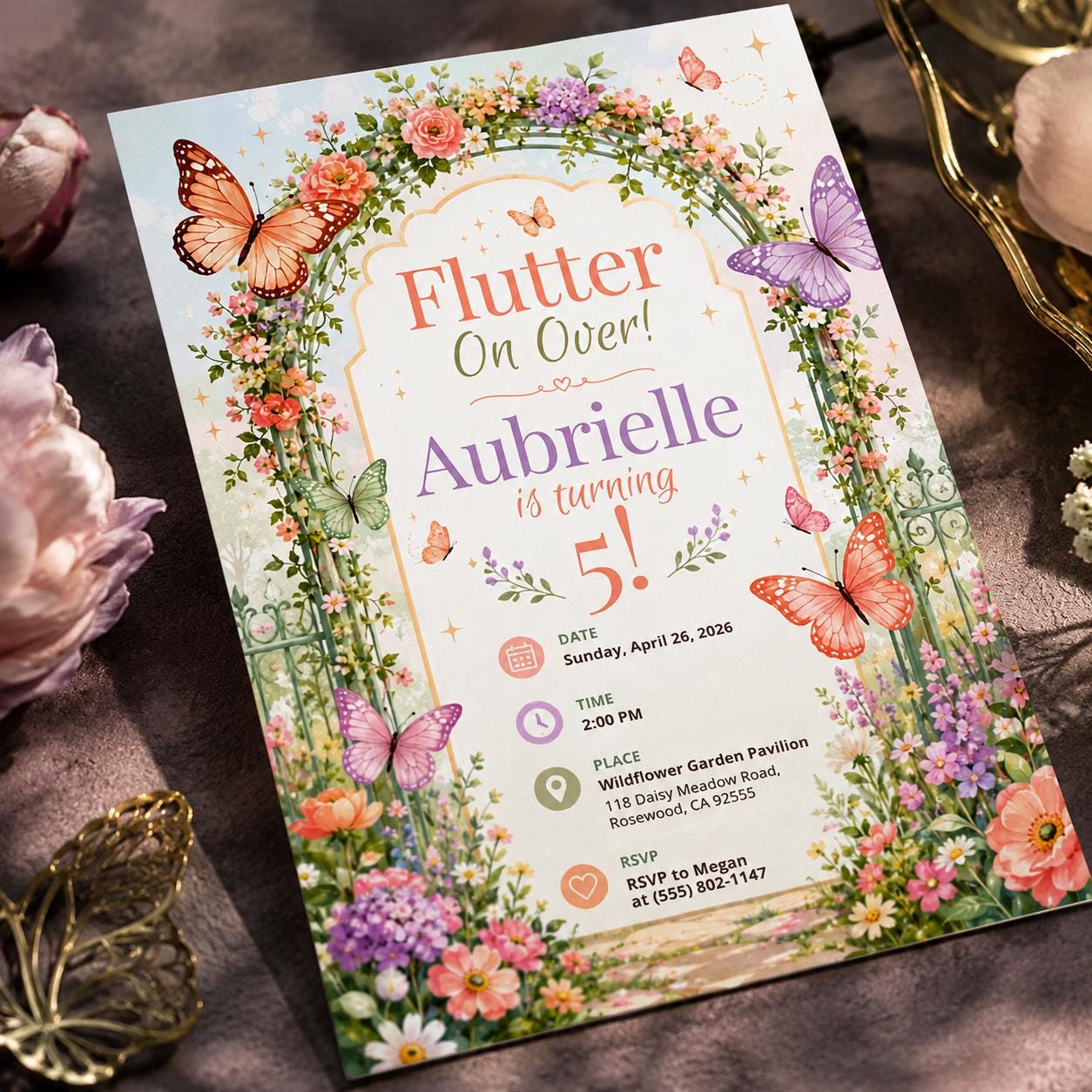 Butterfly 5th Birthday Invitation, Flutter On Over Floral Garden Party Invite for Girls, Editable Printable Canva Template - Image 5