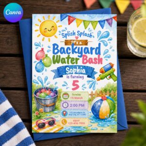Backyard Water Bash Invitation, 5th Birthday Water Balloon Splash Party Invite for Kids, Editable Printable Canva Template
