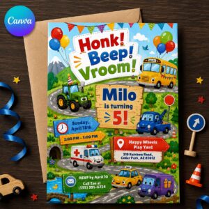 Transportation 5th Birthday Invitation, Honk Beep Vroom Vehicle Party Invite for Boys, Editable Printable Canva Template