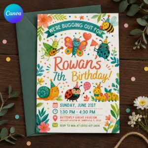 Bug 7th Birthday Invitation, We're Bugging Out Insect Garden Party Invite for Kids, Editable Printable Canva Template