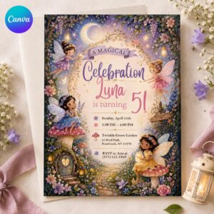 Fairy 5th Birthday Invitation, Magical Enchanted Garden Party Invite for Girls, Editable Printable Canva Template