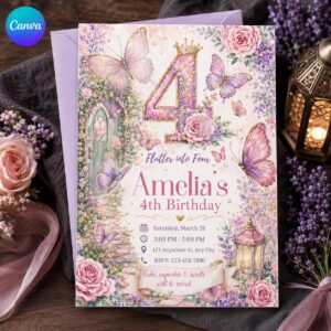 Butterfly 4th Birthday Invitation, Flutter Into Four Floral Garden Party Invite for Girls, Editable Printable Canva Template