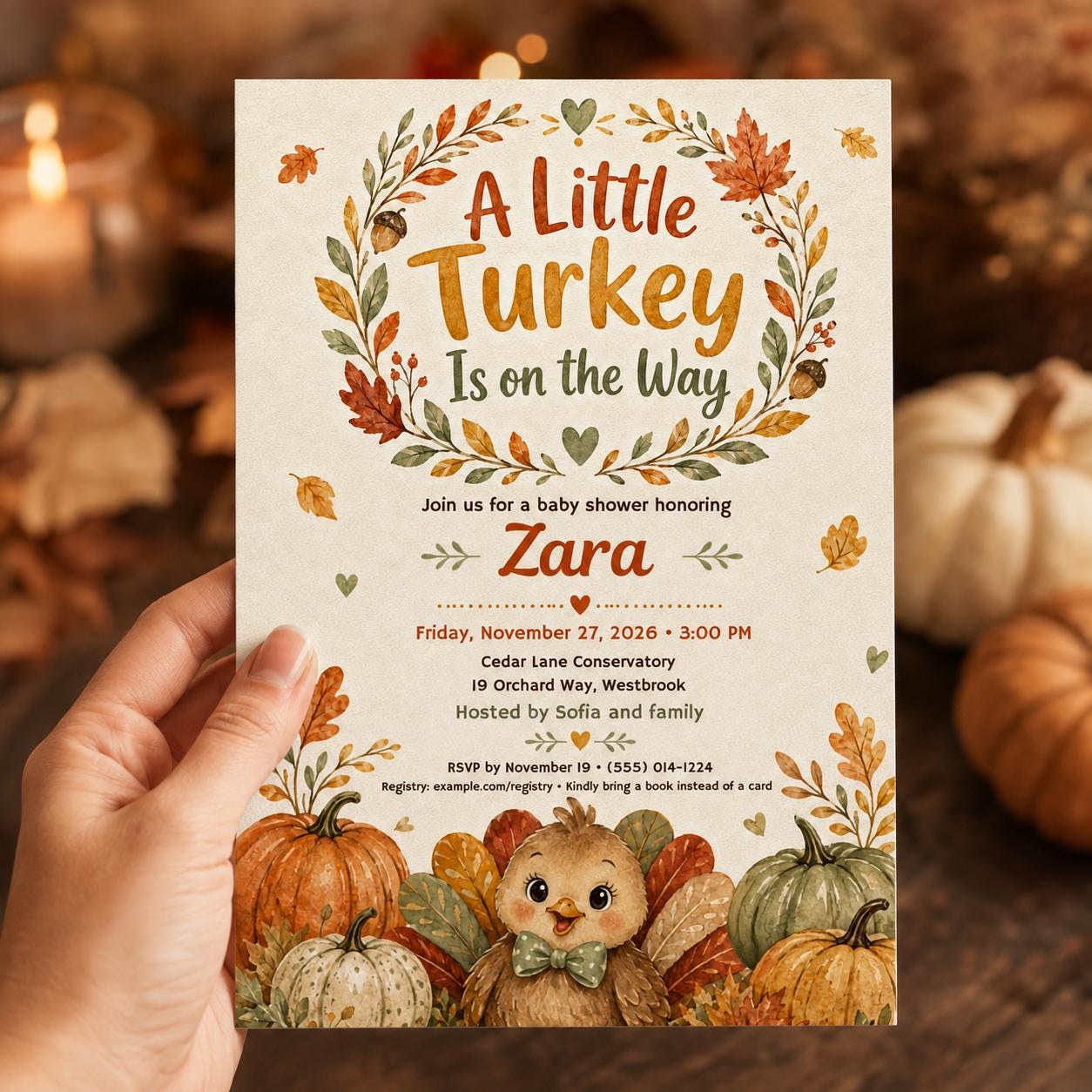 Little Turkey Baby Shower Invitation, Thanksgiving Fall Pumpkin Theme, Gender Neutral Editable Printable Canva Template - Image 5