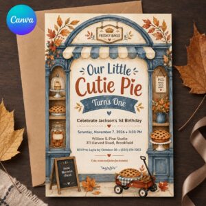 Cutie Pie First Birthday Invitation, Our Little Cutie Turns One Fall Bakery Party, Editable Printable Canva Template