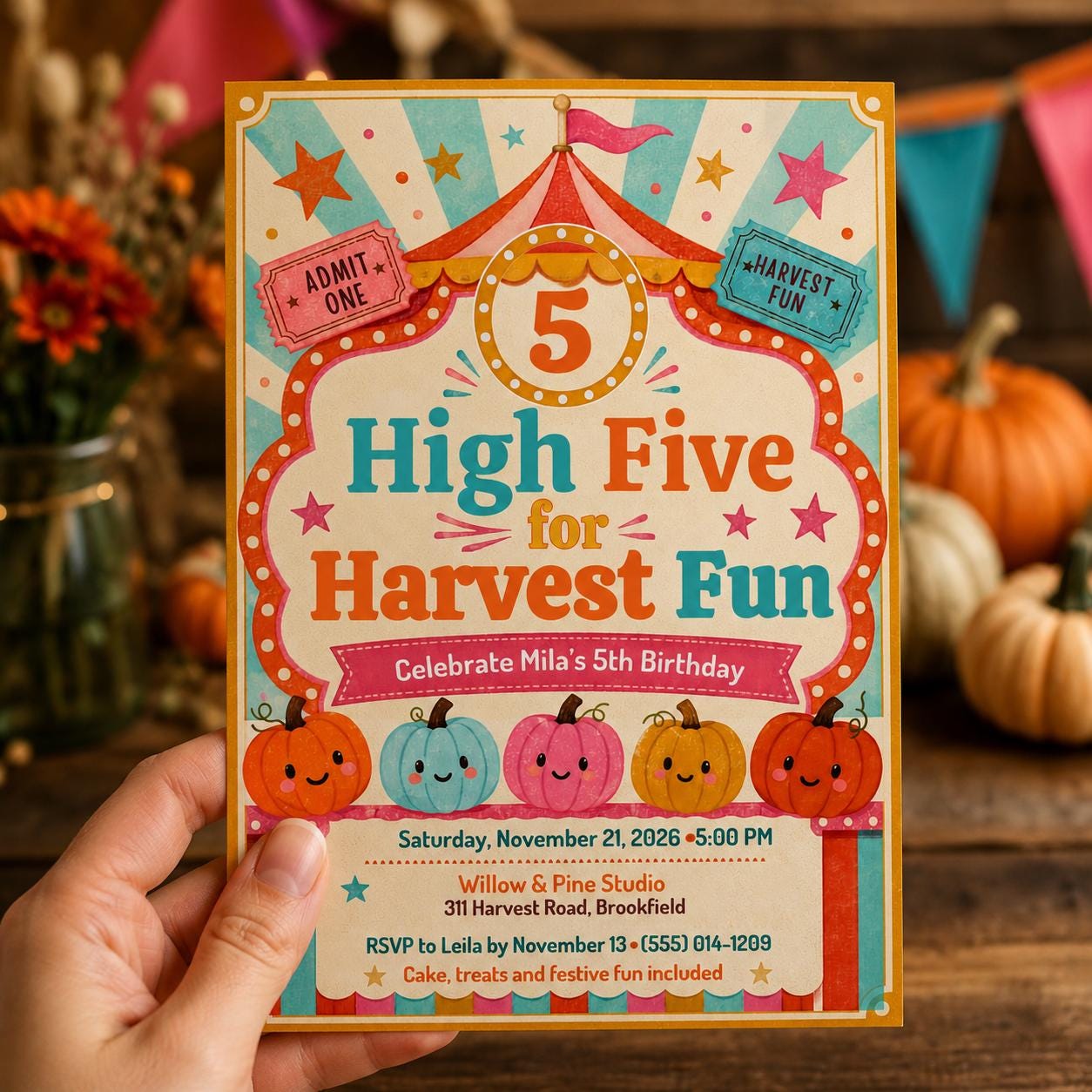 Pumpkin 5th Birthday Invitation, High Five Harvest Carnival Party, Autumn Kids Editable Printable Canva Template - Image 5