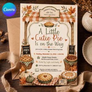 Cutie Pie Baby Shower Invitation, Fall Pumpkin Pie Bakery Theme, Gender Neutral Editable Printable Canva Template