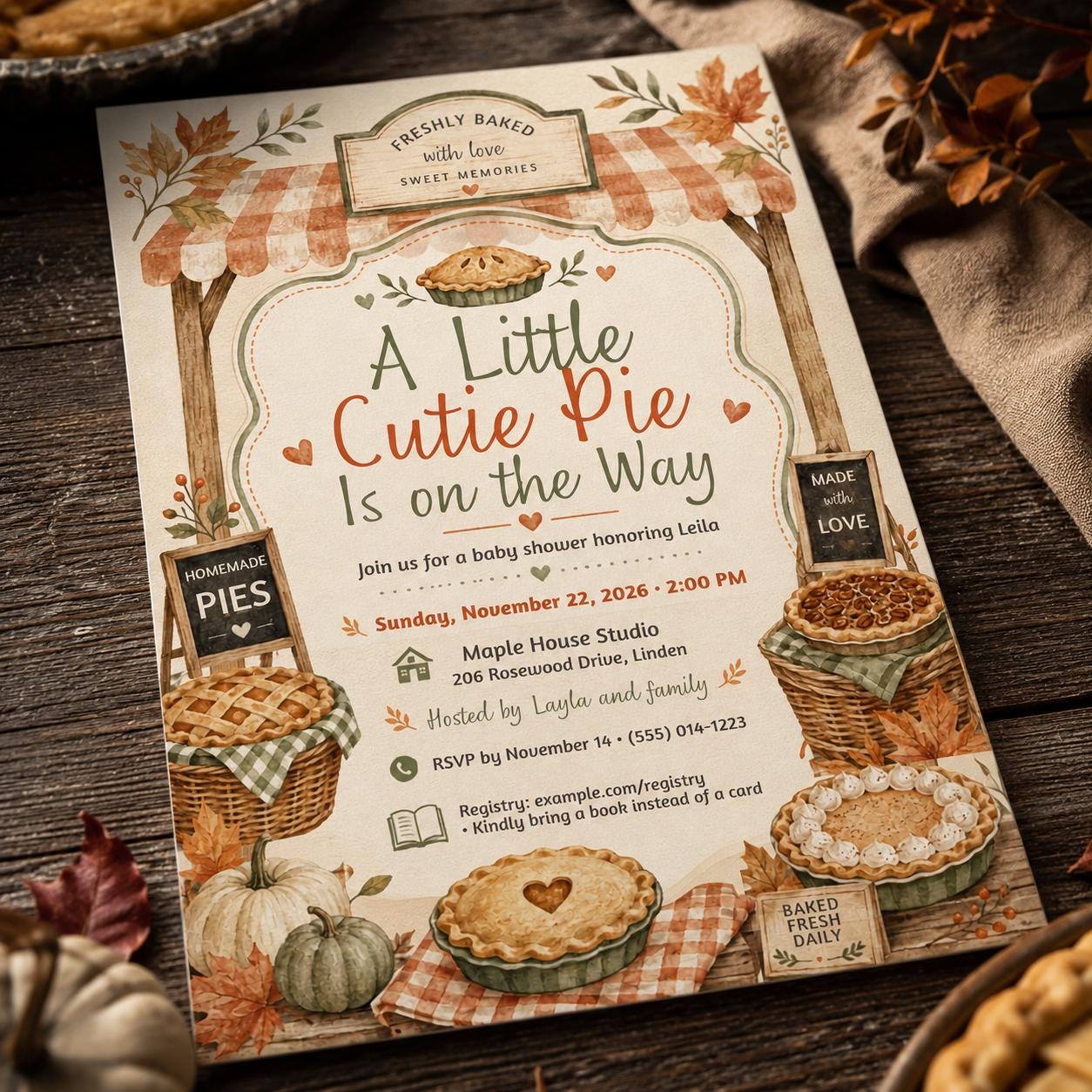 Cutie Pie Baby Shower Invitation, Fall Pumpkin Pie Bakery Theme, Gender Neutral Editable Printable Canva Template - Image 4